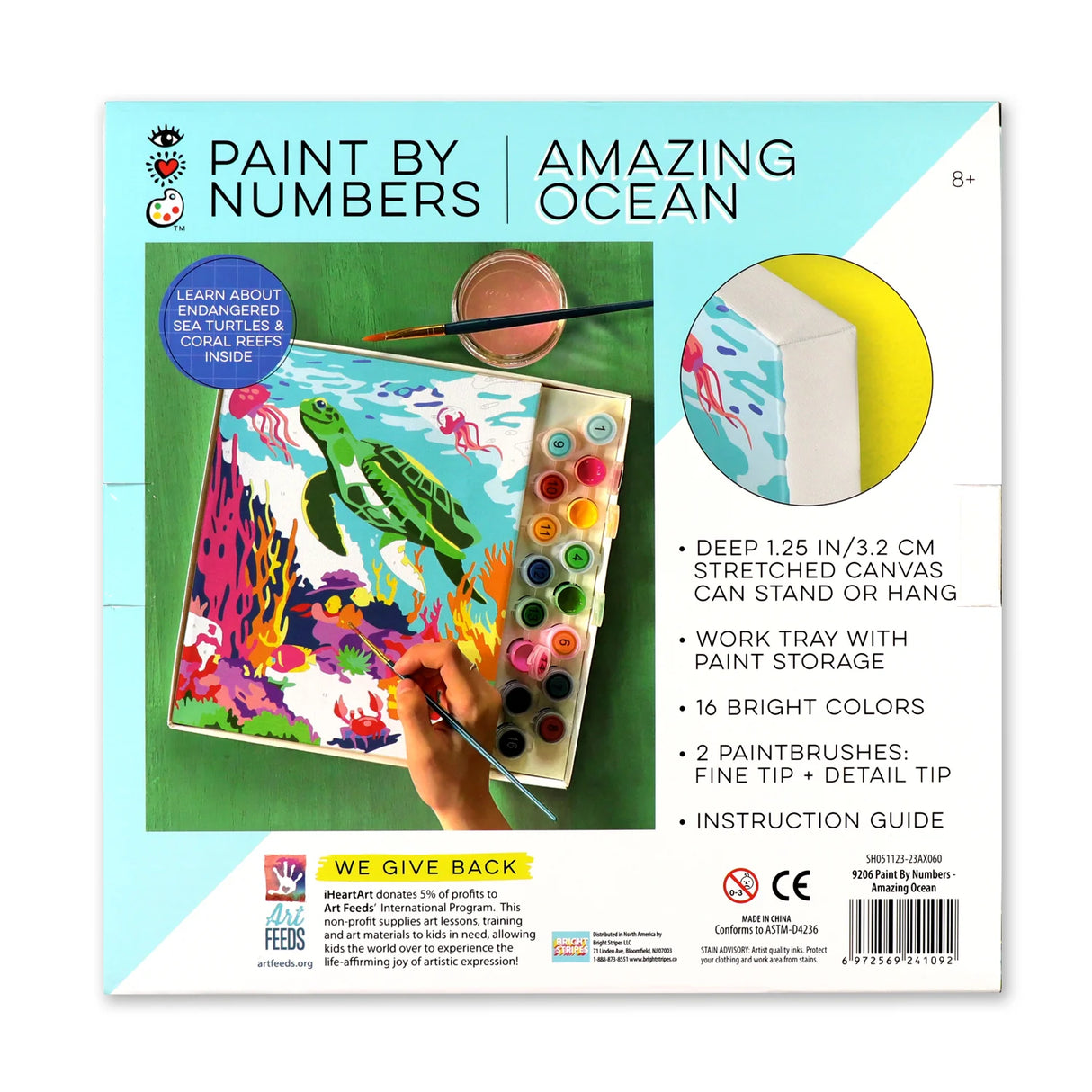 Paint by Numbers kit featuring a majestic sea turtle swimming among colorful coral and ocean life for kids 8 and up.