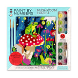 Paint by numbers kit featuring a frog on a red mushroom with flowers, 16 colors and two brushes included.