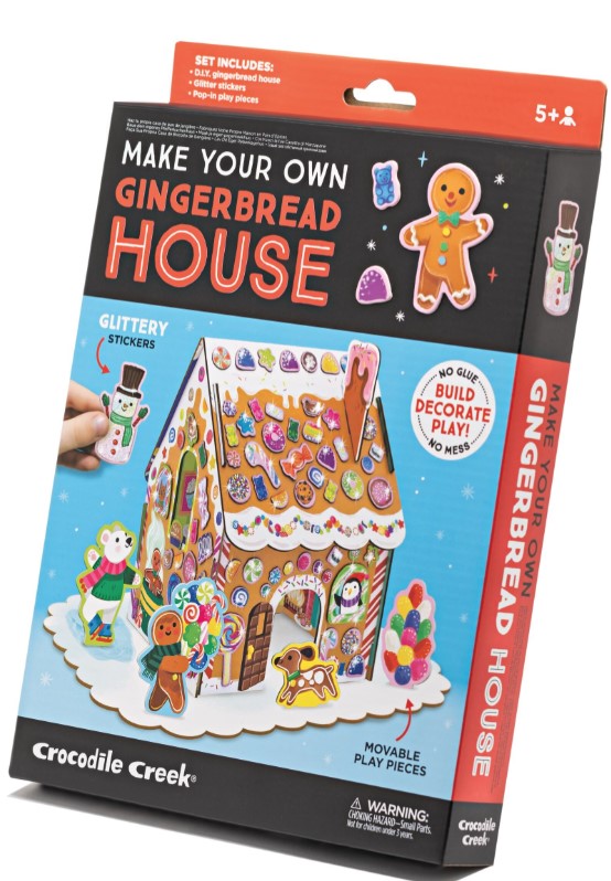 Make Your Own Gingerbread House kit packaging with a colorful decorated gingerbread house and stickers