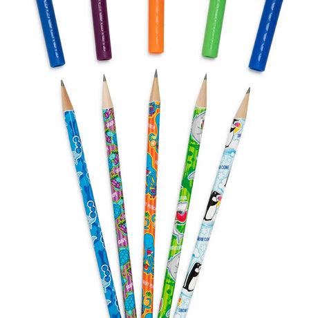 Pencil Topper Scented | Silly Sea Life pencils with reusable scented caps in fruity designs, each packed in a freshness tube.