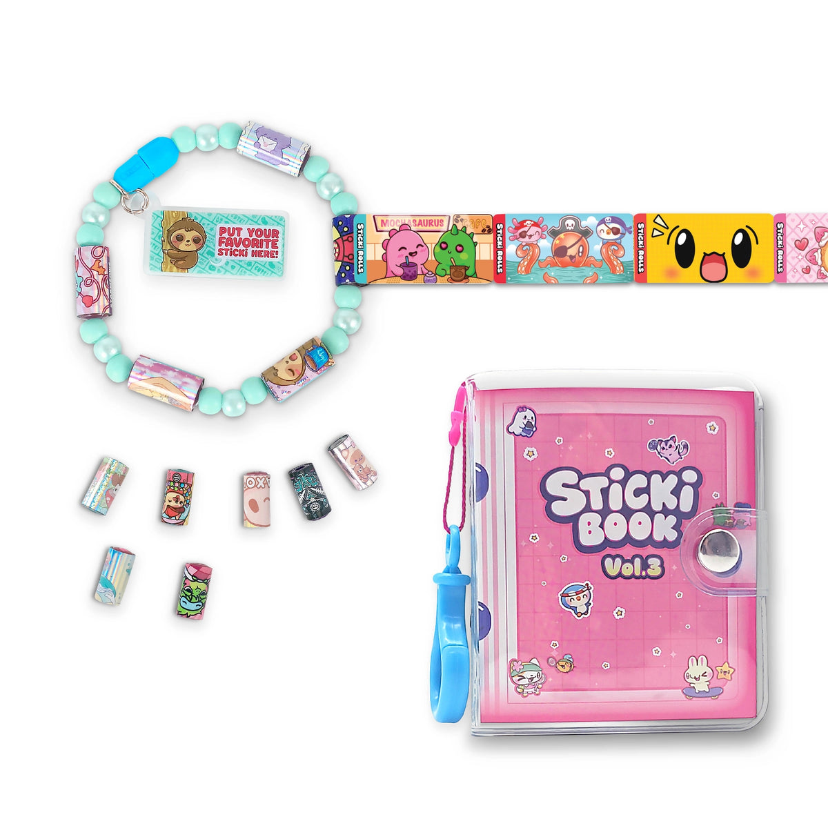 Sticki Rolls Sticki Book Series 3 pink sticker book with colorful sticker rolls and beaded bracelet
