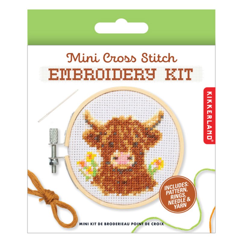 Mini CrossStitch Embroidery Kit | Highland Cow with embroidery hoop needle and yarn