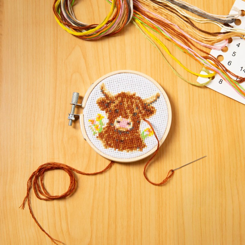 Mini CrossStitch Embroidery Kit | Highland Cow with hoop colorful threads needle and stitched cow design