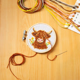 Mini CrossStitch Embroidery Kit | Highland Cow with hoop colorful threads needle and stitched cow design