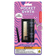 Pocket Synth black portable musical keychain with 11 notes and 2 octaves on colorful wavy packaging