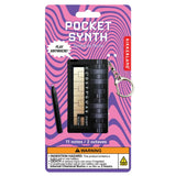 Pocket Synth black portable musical keychain with 11 notes and 2 octaves on colorful wavy packaging