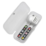 Child’s silverware set with colorful hedgehog designs in a reusable white carrying case, fork and spoon included