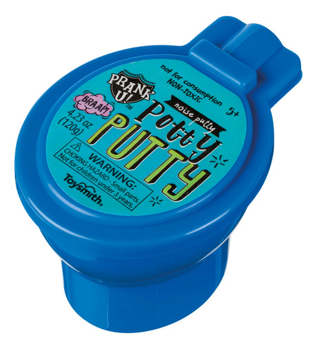 Potty Putty Noise Putty in blue resealable mini commode container for fun fart sound slime toy prank.