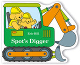 Spot’s Digger shaped board book featuring Spot and Helen in a green digger wearing yellow helmets.