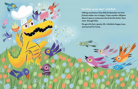 Colorful illustration from Pizza For Birds showing a happy alligator surrounded by cheerful birds in a grassy field.