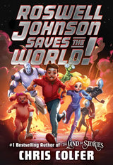 Cover of Roswell Johnson Saves the World featuring a boy and diverse alien characters in action against a fiery background.