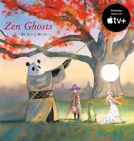 Zen Ghosts illustrated book cover featuring a panda and costumed children beneath a colorful tree