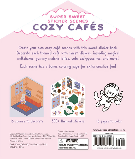 Super Sweet Sticker Scenes: Cozy Cafes book cover with cozy cafe sticker scenes and coloring pages