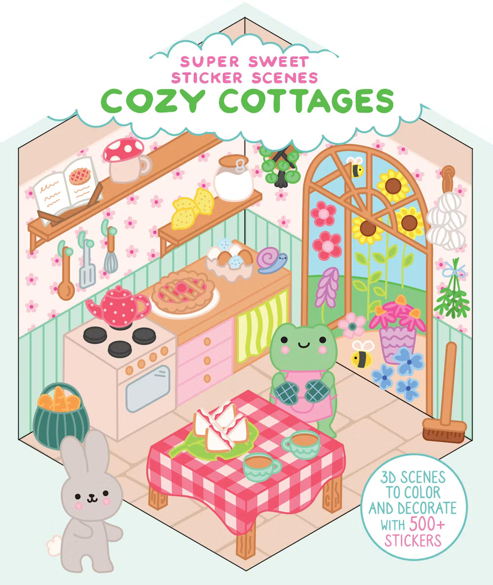 Super Sweet Sticker Scenes: Cozy Cottages sticker activity book cover with colorful cottage kitchen scenes