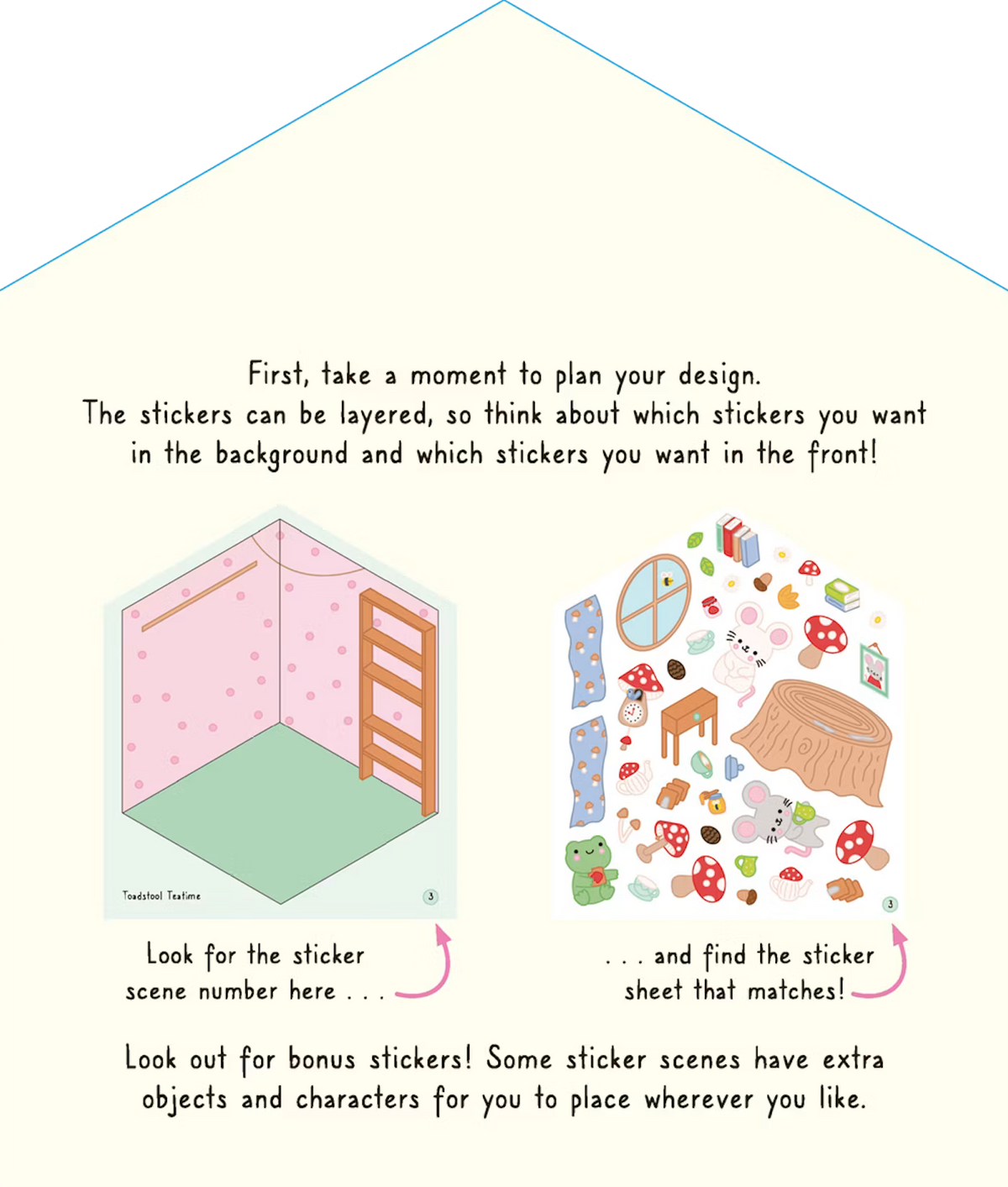 Super Sweet Sticker Scenes: Cozy Cottages page showing sticker scene instructions and colorful stickers