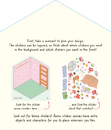 Super Sweet Sticker Scenes: Cozy Cottages page showing sticker scene instructions and colorful stickers