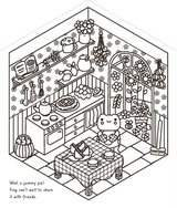 Super Sweet Sticker Scenes: Cozy Cottages cozy cottage interior sticker scene with a cat and friends sharing pie