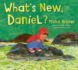 Cover of "What's New, Daniel?" featuring a child in a red hoodie exploring nature near a pond with vibrant collage art.