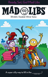 Ready, Set, Go! Mad Libs cover showing kids racing with soapbox cars in a fun and colorful cartoon style.