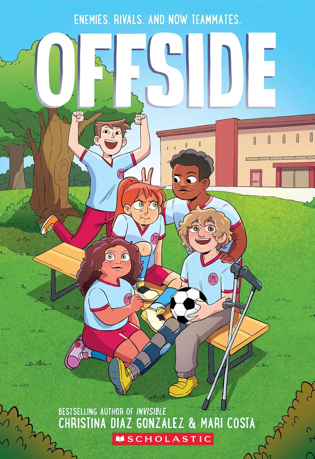 Offside book cover showing young soccer players gathered around an injured teammate