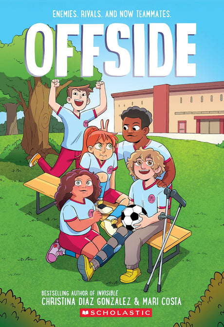 Offside book cover showing young soccer players gathered around an injured teammate