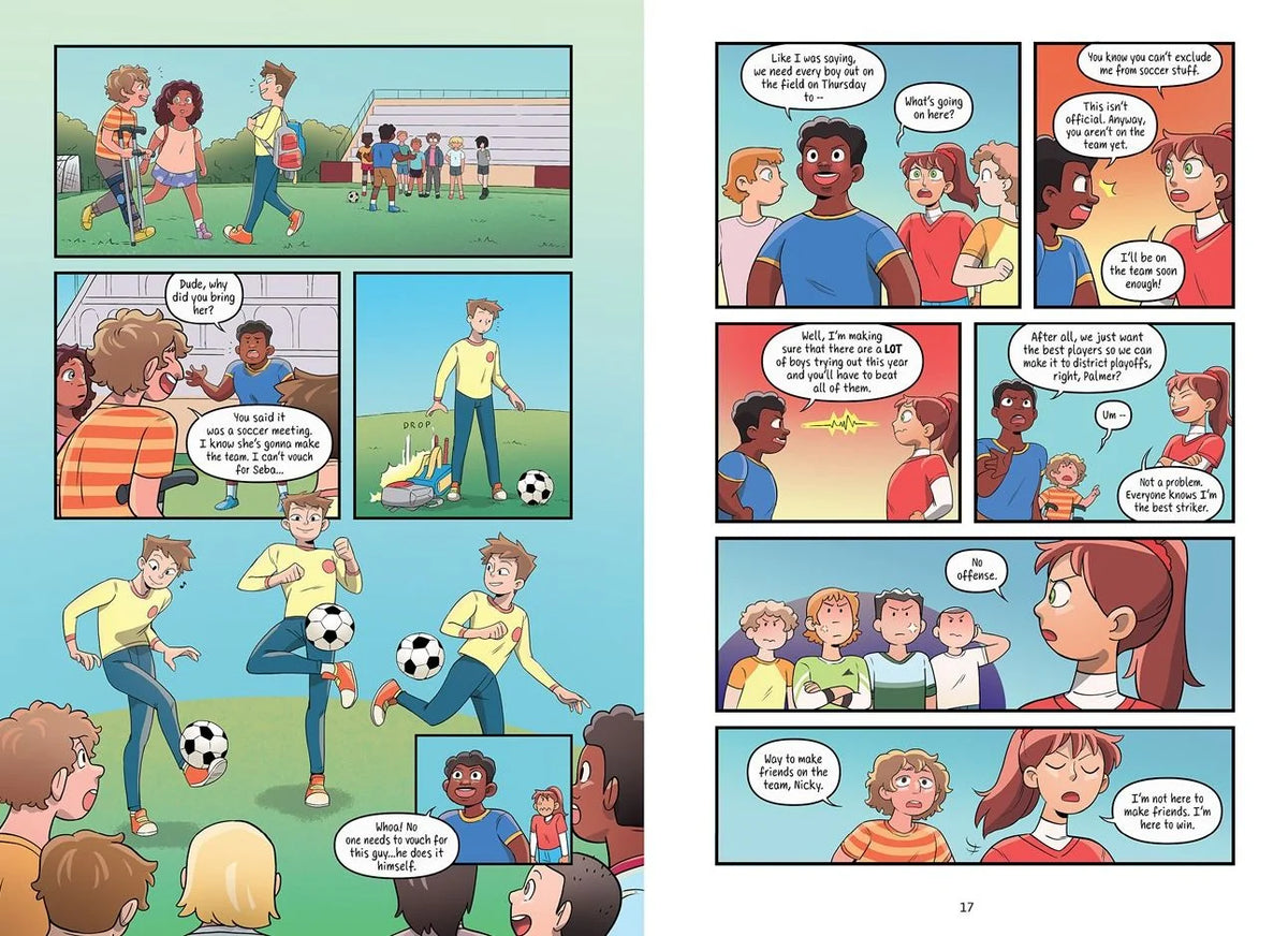 Offside comic book pages showing children playing soccer and discussing the game