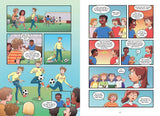 Offside comic book pages showing children playing soccer and discussing the game
