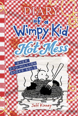 Diary of a Wimpy Kid #19 Hot Mess book cover showing Greg in a messy spaghetti pile on a red checkered background.