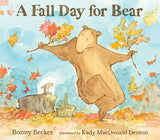 Bear joyfully holds colorful fall leaves with Mouse nearby on a stump surrounded by autumn foliage.