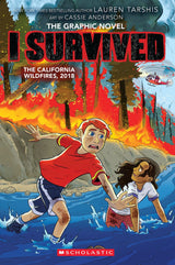 I Survived Graphic Novel #13: The California Wildfires book cover with children fleeing flames through water