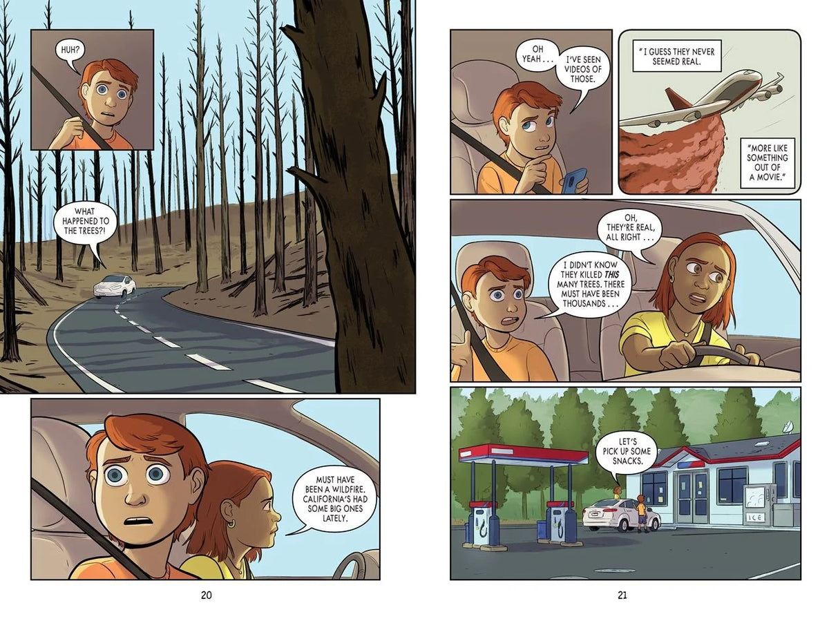 I Survived Graphic Novel #13: The California Wildfires comic pages showing a burned forest, car, and gas station