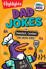 Bright orange cover of Highlights Dad Jokes featuring a cartoon duck chef and the cheesiest, corniest joke book ever text