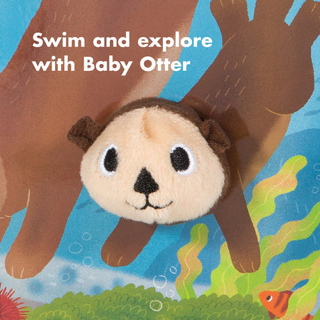 Soft plush Baby Otter with Finger Puppet on colorful illustrated underwater background for babies and toddlers.