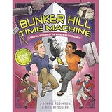 Colorful illustrated cover of a time travel adventure book featuring two children and historical figures on a pink background