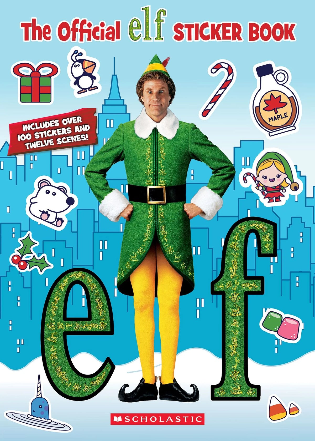 Elf Holiday Sticker Book cover featuring a festive elf character and colorful holiday sticker designs