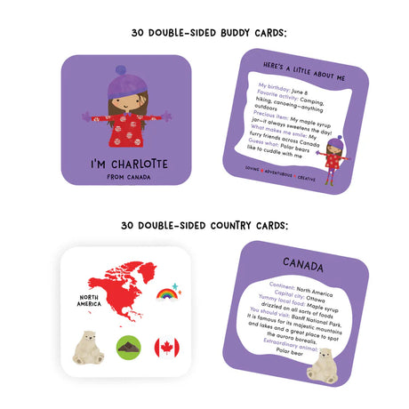 Examples of cards from the game, depicting that there are 30 double-sided buddy cards and 30 double-sided country cards, featuring cartoon illustrations and facts.
