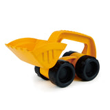 Bright yellow toy loader with large black wheels and ergonomic handle for easy outdoor play