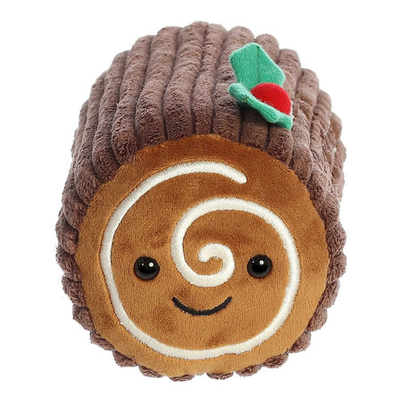 Fab-Yule-Ous Holiday plush toy shaped like a smiling Yule log with holly decoration and white swirl detailing.