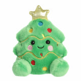 Plush Christmas tree with smiling face, colorful decorations, and gold star on top sitting on white background