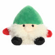 Small plush gnome with green hat, fluffy white beard, red mittens, and black boots sitting on white background