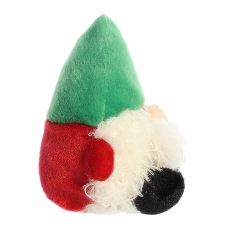 Small plush gnome with a green hat, red body, white beard, and black nose, perfect for winter decor.