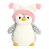 Soft plush penguin wearing a festive pink and white pompom confetti hat with colorful specks