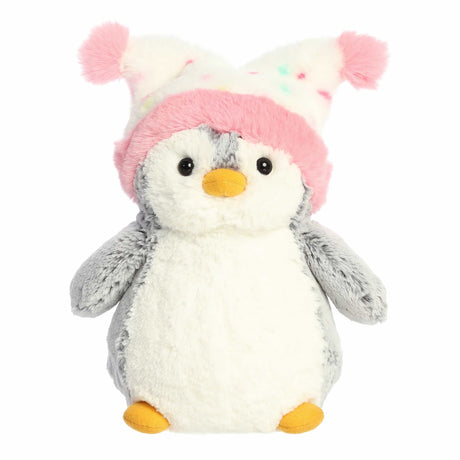 Soft plush penguin wearing a festive pink and white pompom confetti hat with colorful specks