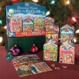 100pc Christmas Market Puzzle featuring festive village storefront boxes and a colorful holiday market scene