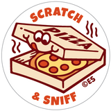 Round pizza box sticker with a smiling slice of pizza inside and text Scratch & Sniff around the edge