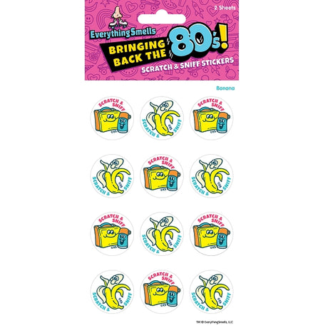 Two sheets of Banana Lunch Box themed scratch and sniff stickers featuring 80s nostalgic designs in bright colors