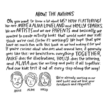 Hand-drawn black and white author introduction with sketches and playful text for a creative activity book team.