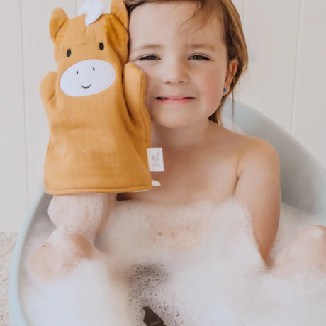 Farm Bath Mitt | Horse shown on a child during bath time with soft cotton muslin and embroidered details.