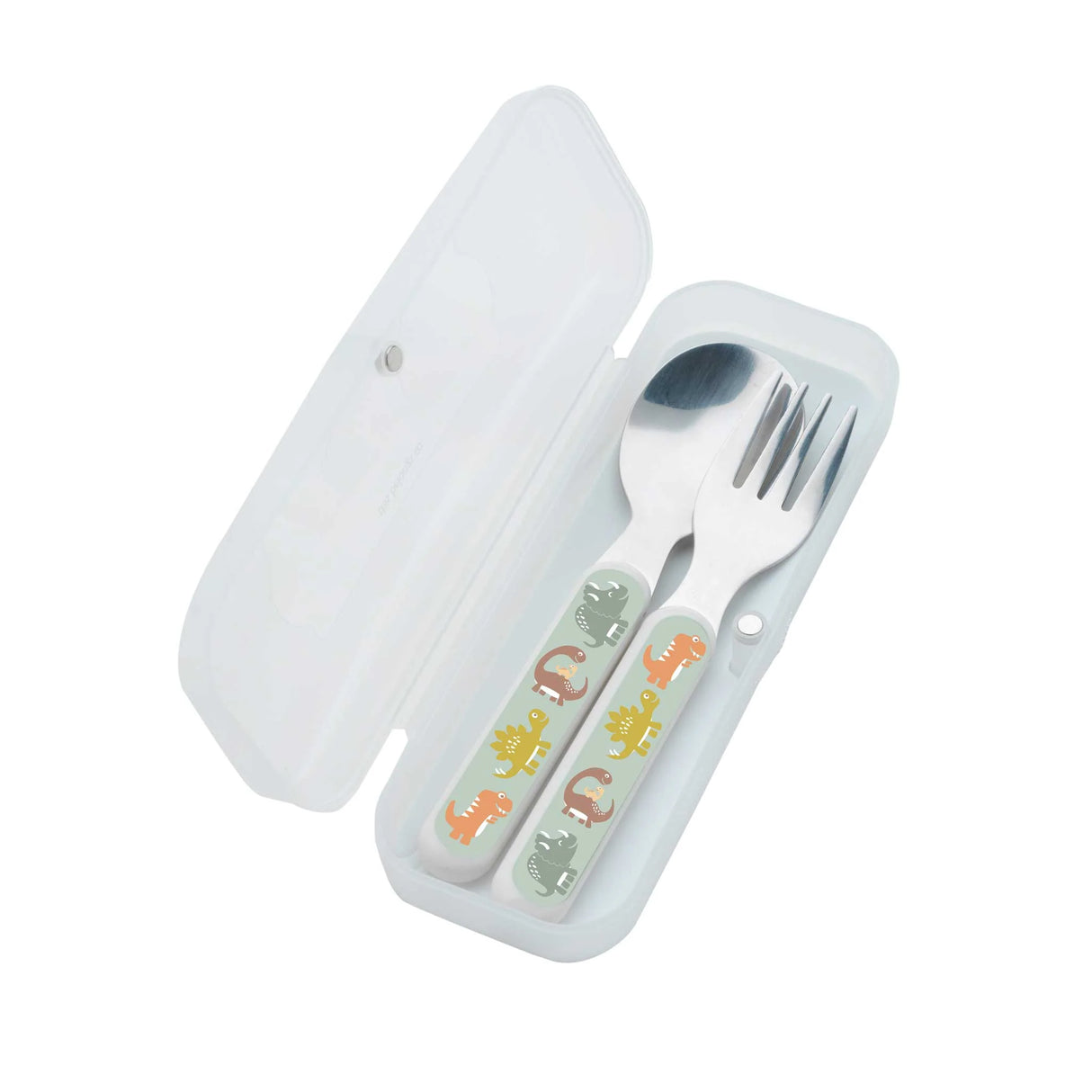 Silverware Set | Baby Dinosaur with fork and spoon featuring playful dinosaur handles in a clear storage case.