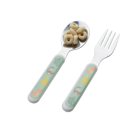 Silverware Set | Baby Dinosaur with fork and spoon featuring playful dinosaur handles perfect for kids' mealtime.